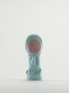 Reverse of blue leather headcover showing pink Dormie badge