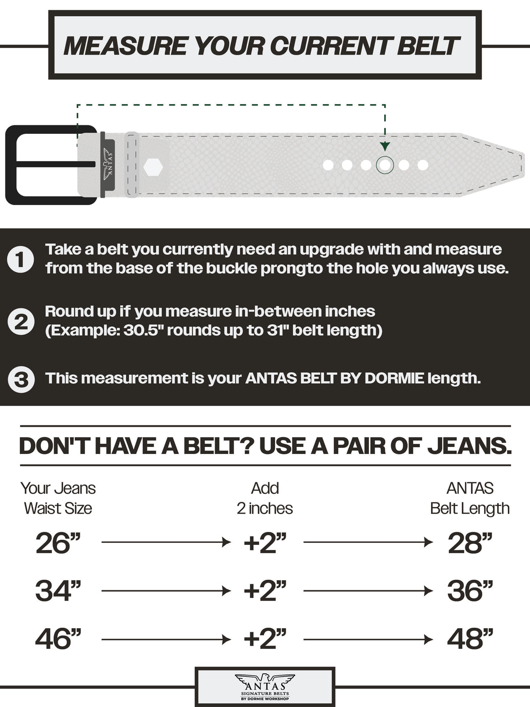 Instructions for measuring a belt with an example and conversion chart from jeans waist size to belt length.