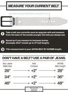 Instructions for measuring a belt with an example and conversion chart from jeans waist size to belt length.