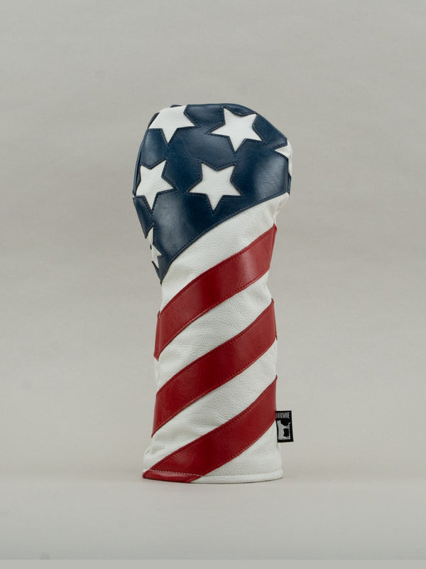 Golf club driver cover with American flag design on a gray background