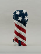 Reverse of golf club driver cover with American flag design on a gray background
